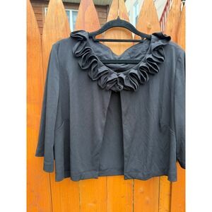 Black Ruffle Collar Bolero Jacket Open Front Cropped Shrug 3/4 Sleeve Large